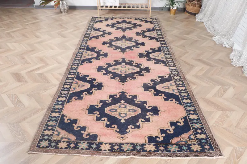 El Yapımı Fas Halısı, Pembe ve Mavi 0,4x9,8 ft