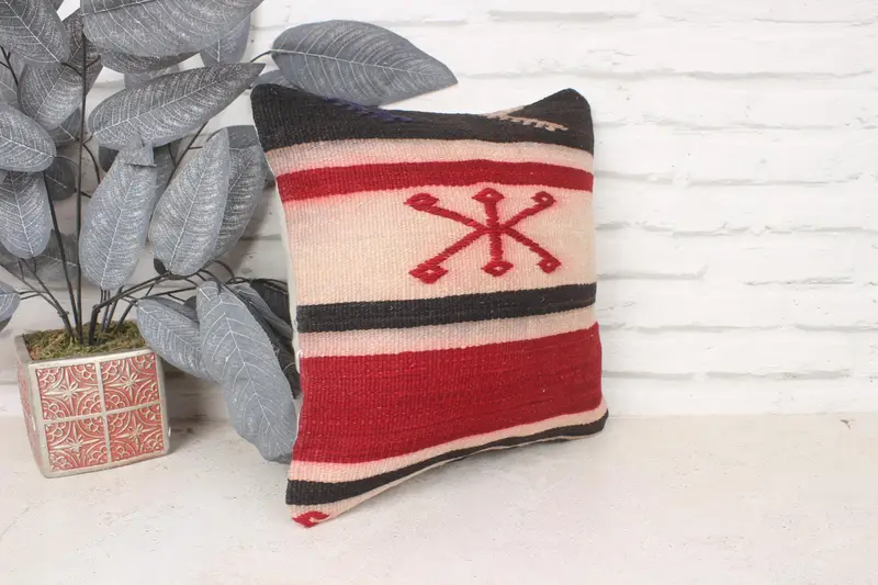 Sofa Pillow Sham, Pillow Case, 14x14 Red Pillow Cover, Vintage Kilim Pillow, Chair Pillow, Kilim Pillow, Decorative Throw Pillow, Turkish Pillow - 3