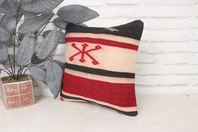Sofa Pillow Sham, Pillow Case, 14x14 Red Pillow Cover, Vintage Kilim Pillow, Chair Pillow, Kilim Pillow, Decorative Throw Pillow, Turkish Pillow - 4