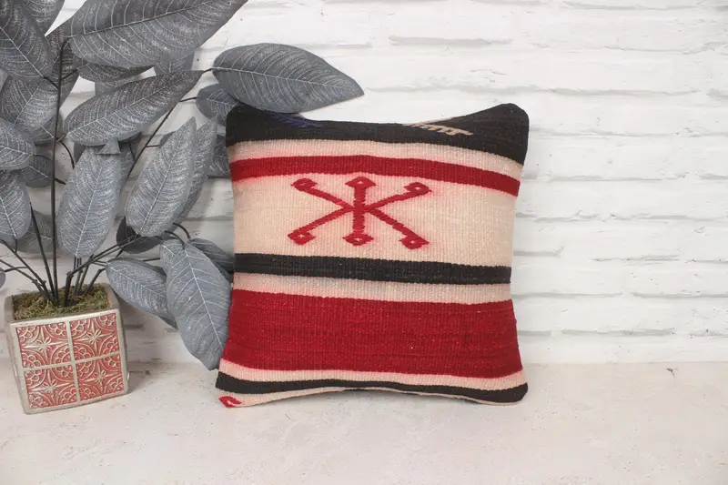 Sofa Pillow Sham, Pillow Case, 14x14 Red Pillow Cover, Vintage Kilim Pillow, Chair Pillow, Kilim Pillow, Decorative Throw Pillow, Turkish Pillow - 1
