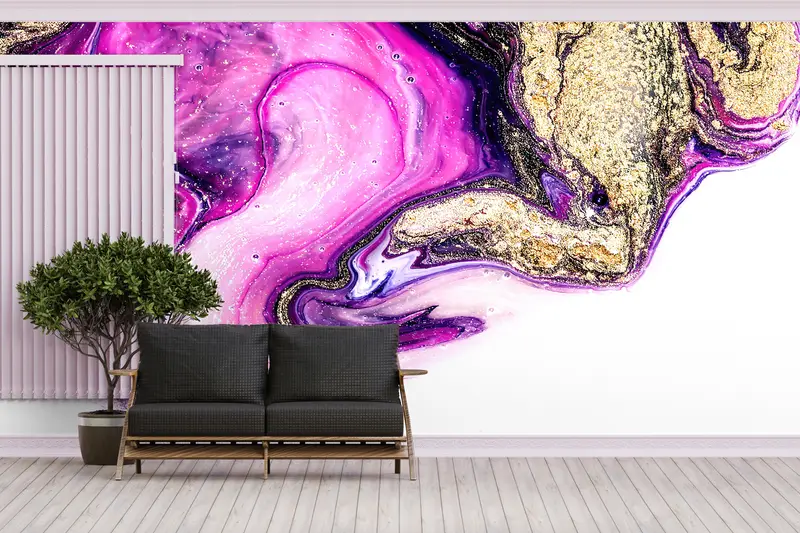 Zarif Mor ve Altın Mermer Çağdaş Pırıltılı Duvar Kağıdı