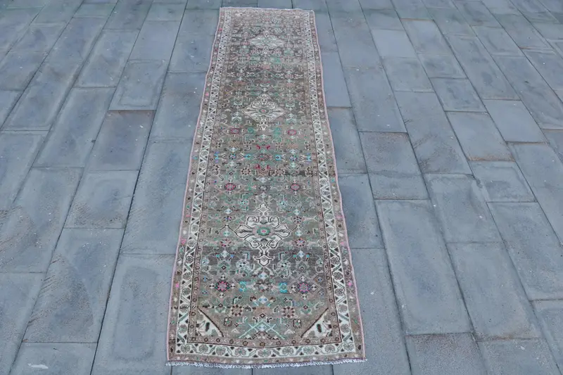 Turkish Oushak Runner Rug 2.6x9.8 ft (78x298 cm), Vintage Brown Polka dot Rug - 1