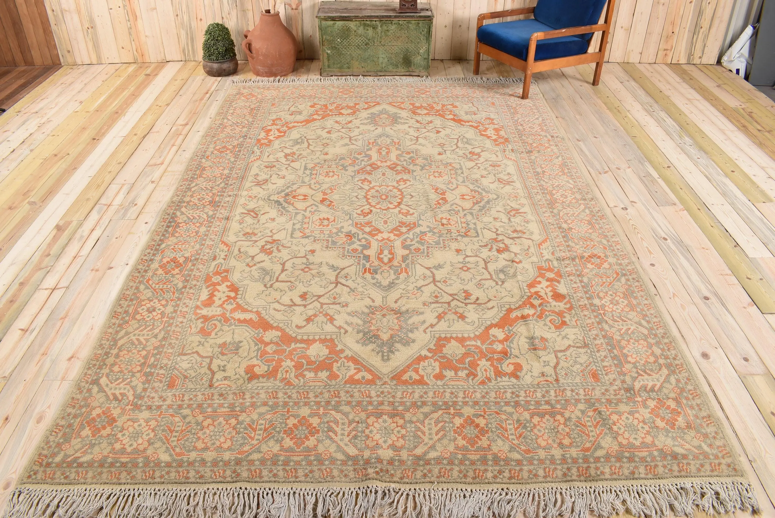 Turkish Rug, 7.9x12.1 ft Vintage Rug, Orange Gray Patchwork Wool Rug - 1