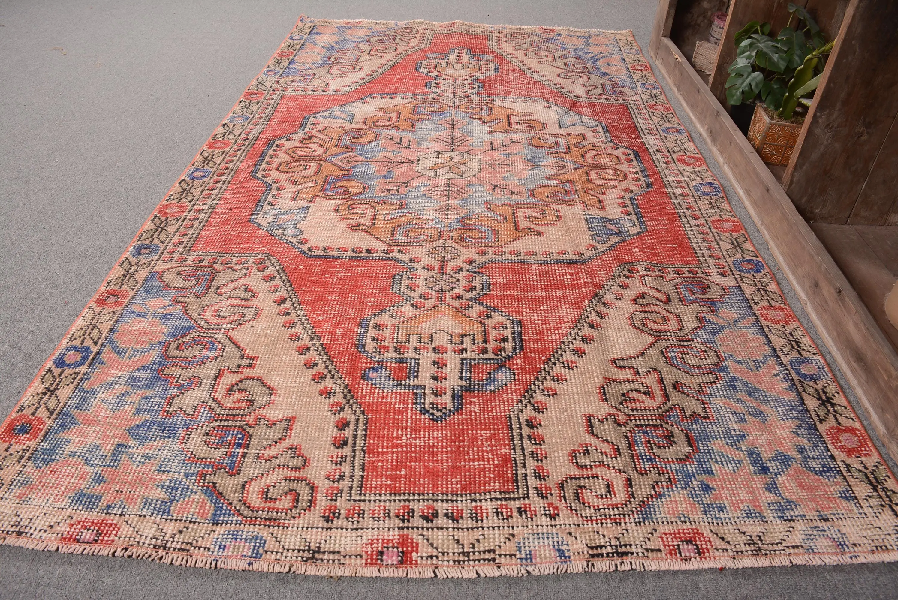 Vintage Area Rug 4.3x7 ft (132x214 cm), Red Check Turkish Rug - 1