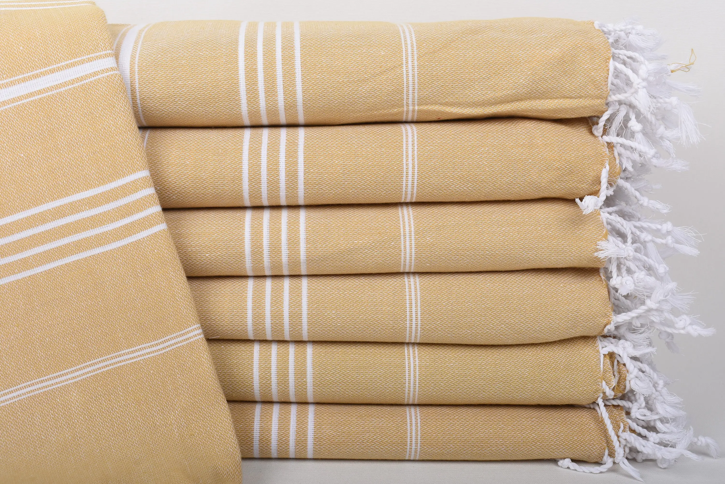 Mustard Striped Throw Turkish Blanket, 87x63 Inches, Organic Cotton - 1