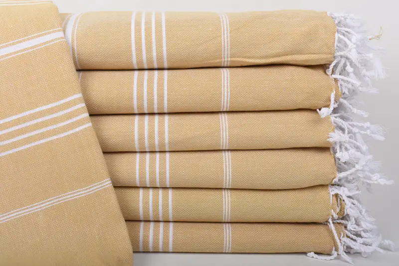 Mustard Striped Throw Turkish Blanket, 87x63 Inches, Organic Cotton