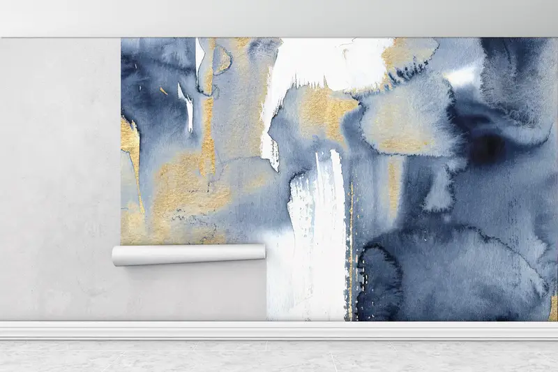 Blue And Gold Painting, Contempporary Wall Art, Modern Wall Print, Trendy Wallpaper, Modern Abstract Wall Paper, Gold Wall Painting, - 1