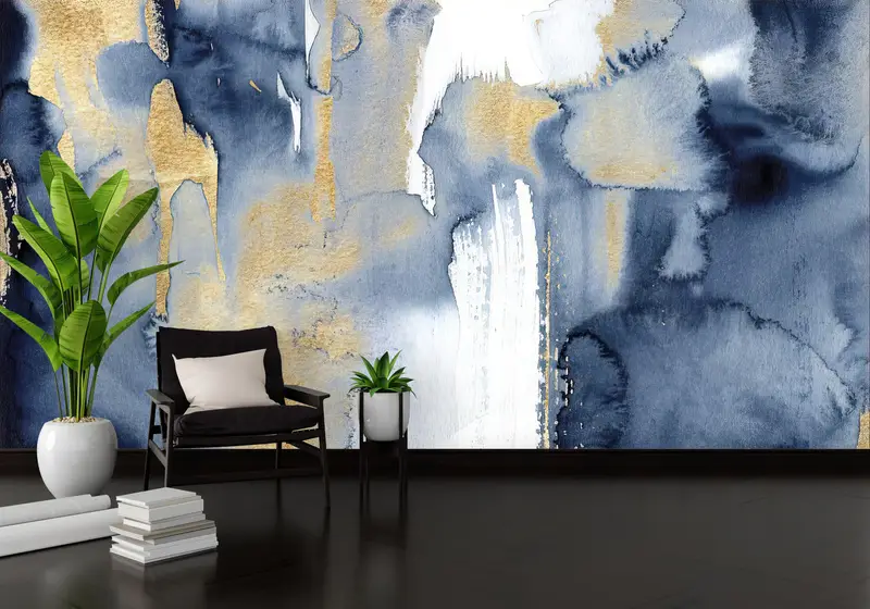 Blue And Gold Painting, Contempporary Wall Art, Modern Wall Print, Trendy Wallpaper, Modern Abstract Wall Paper, Gold Wall Painting, - 2