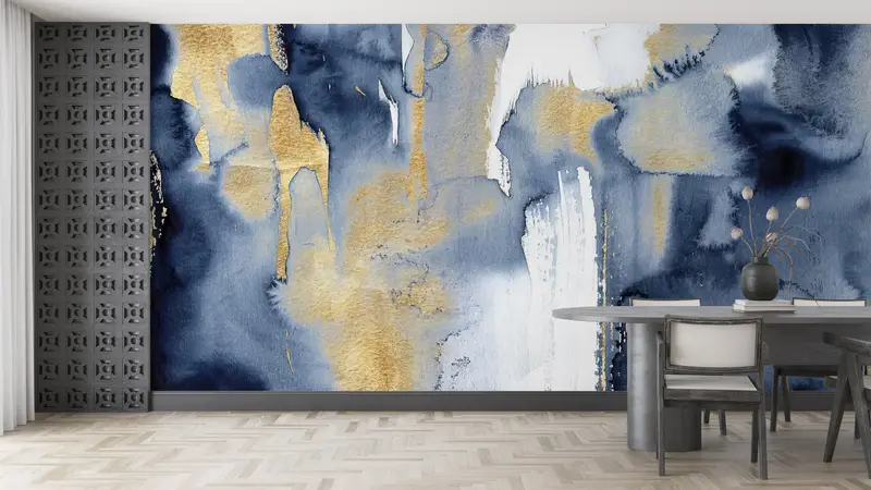 Blue And Gold Painting, Contempporary Wall Art, Modern Wall Print, Trendy Wallpaper, Modern Abstract Wall Paper, Gold Wall Painting, - 4