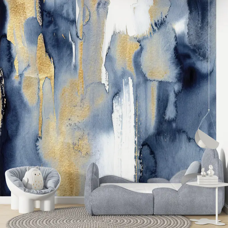 Blue And Gold Painting, Contempporary Wall Art, Modern Wall Print, Trendy Wallpaper, Modern Abstract Wall Paper, Gold Wall Painting, - 5