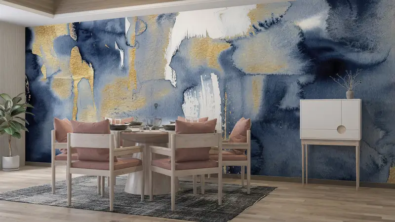Blue And Gold Painting, Contempporary Wall Art, Modern Wall Print, Trendy Wallpaper, Modern Abstract Wall Paper, Gold Wall Painting, - 3