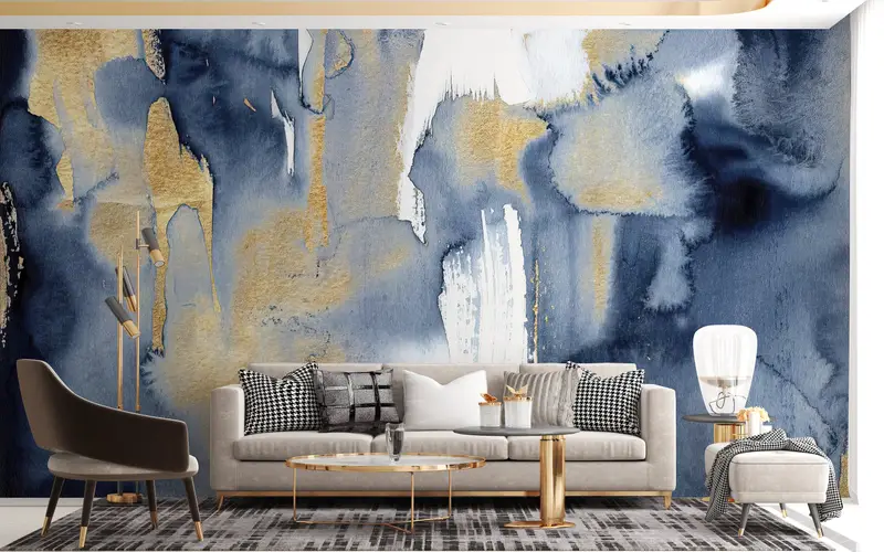 Blue And Gold Painting, Contempporary Wall Art, Modern Wall Print, Trendy Wallpaper, Modern Abstract Wall Paper, Gold Wall Painting, - 7