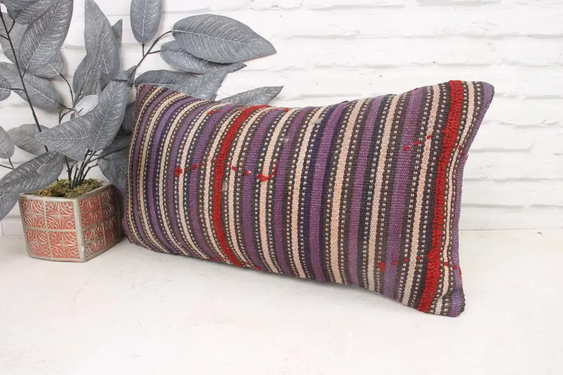 Turkish Bench Pillow Case, Vintage Kilim Pillow, Gift Pillow, Throw Kilim Pillow, Cushion Cover, 12x24 Purple Pillow Sham, Traditional Cushion Cover - 4