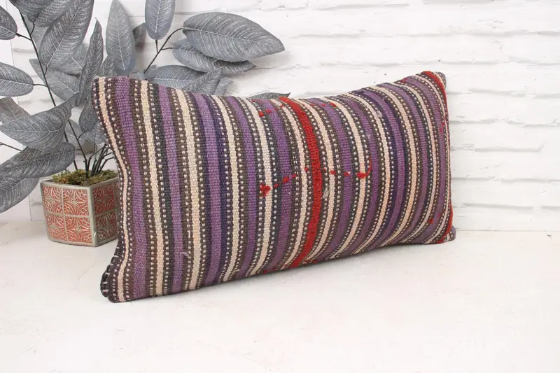 Turkish Bench Pillow Case, Vintage Kilim Pillow, Gift Pillow, Throw Kilim Pillow, Cushion Cover, 12x24 Purple Pillow Sham, Traditional Cushion Cover - 3