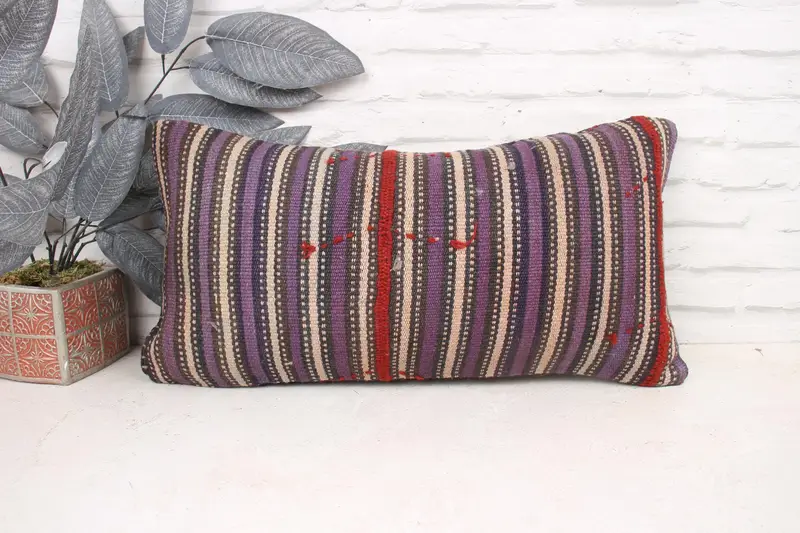 Turkish Bench Pillow Case, Vintage Kilim Pillow, Gift Pillow, Throw Kilim Pillow, Cushion Cover, 12x24 Purple Pillow Sham, Traditional Cushion Cover - 1