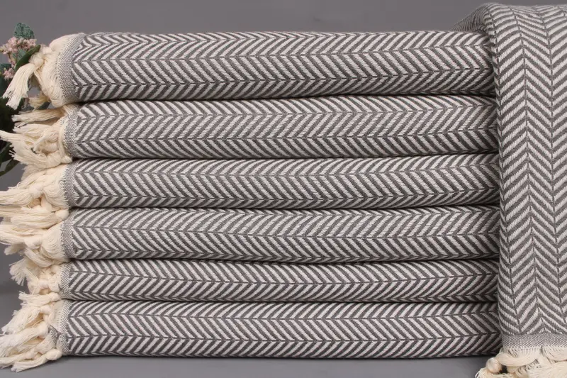 Handwoven Gray Chevron Blanket, 75x91 Inches, Organic Turkish Cotton
