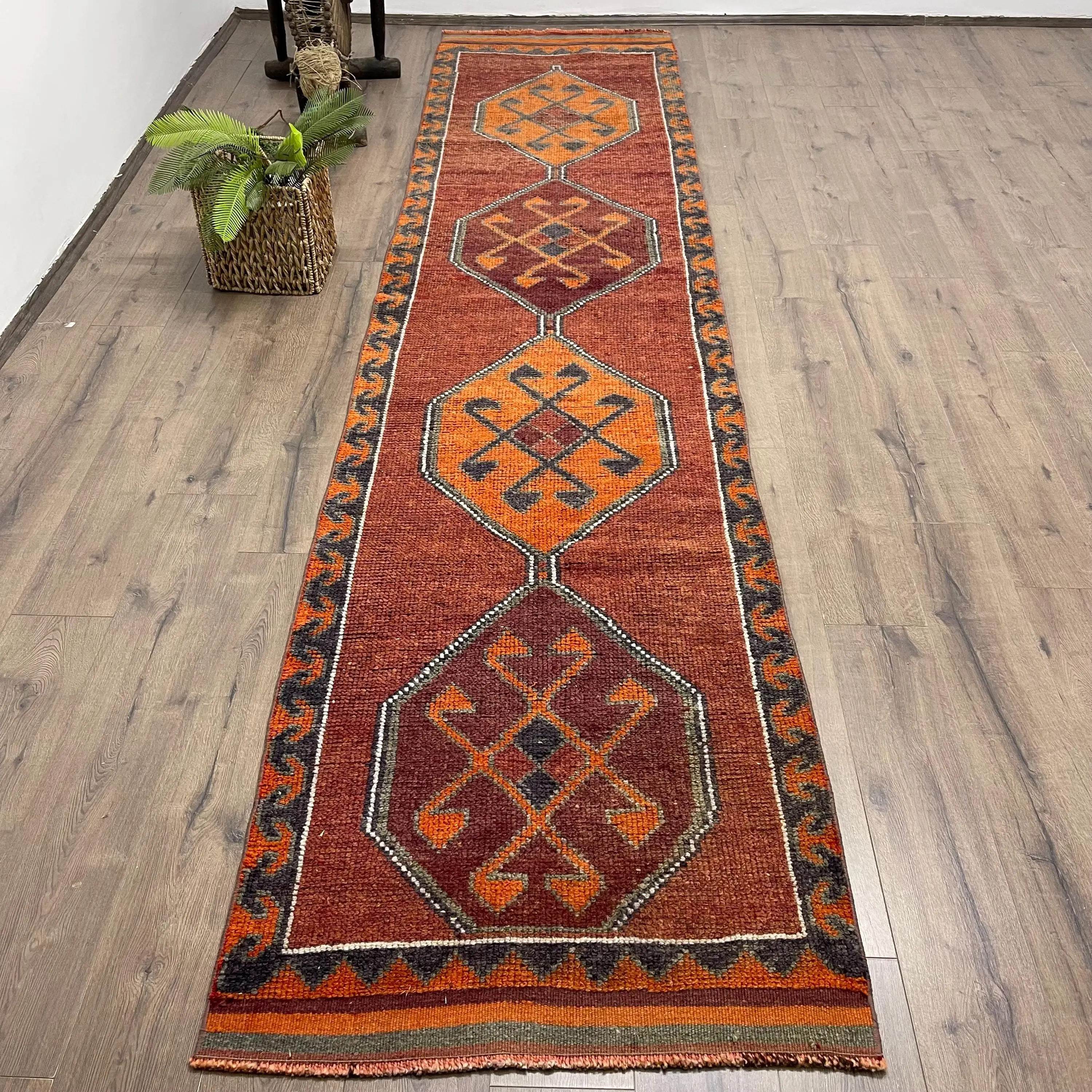 Turkish Rug, Runner 3x13.3 ft Vintage Rug, Red Floral Wool Rug - 1