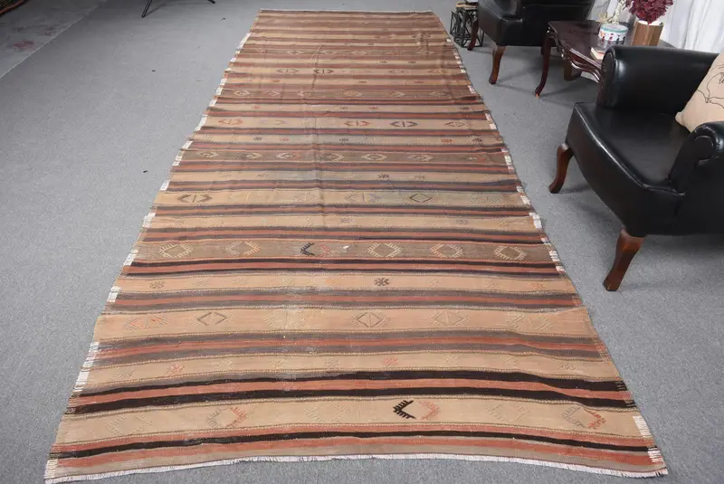 El Yapımı Kahverengi ve Mor Halı, 5,3x14,7 ft Çiçekli ve Paisley