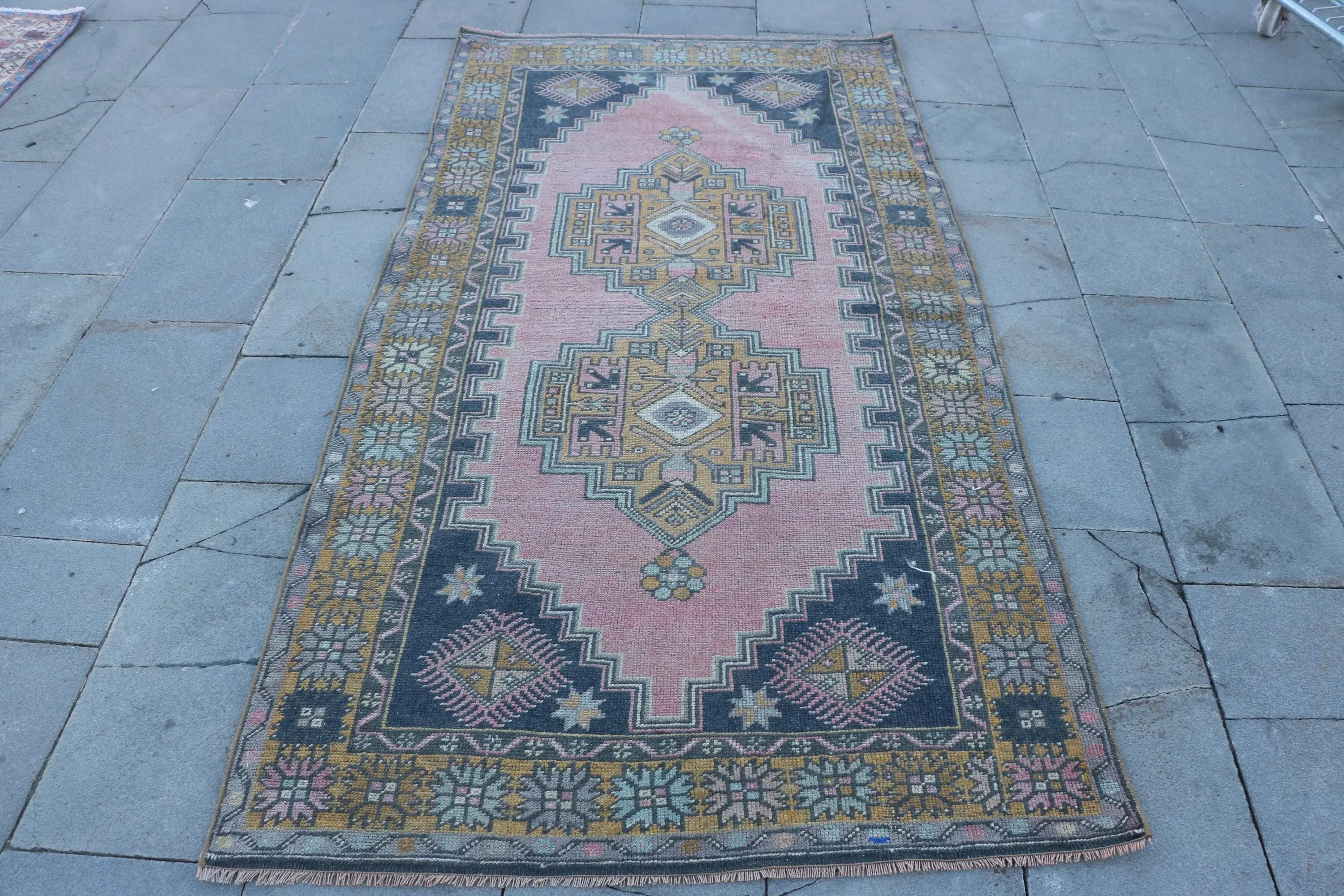 Türkischer Vintage-Teppich, 9,1 x 2,1 m, blau-rosa gepunkteter Wollteppich - 1