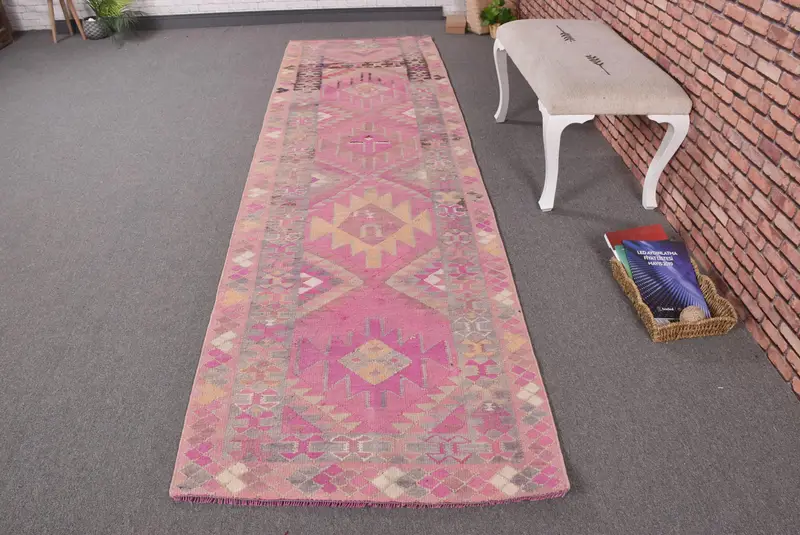 Vintage Rug, Runner 3x11.1 ft Rug, Kilim Pink Southwestern Rug - 1