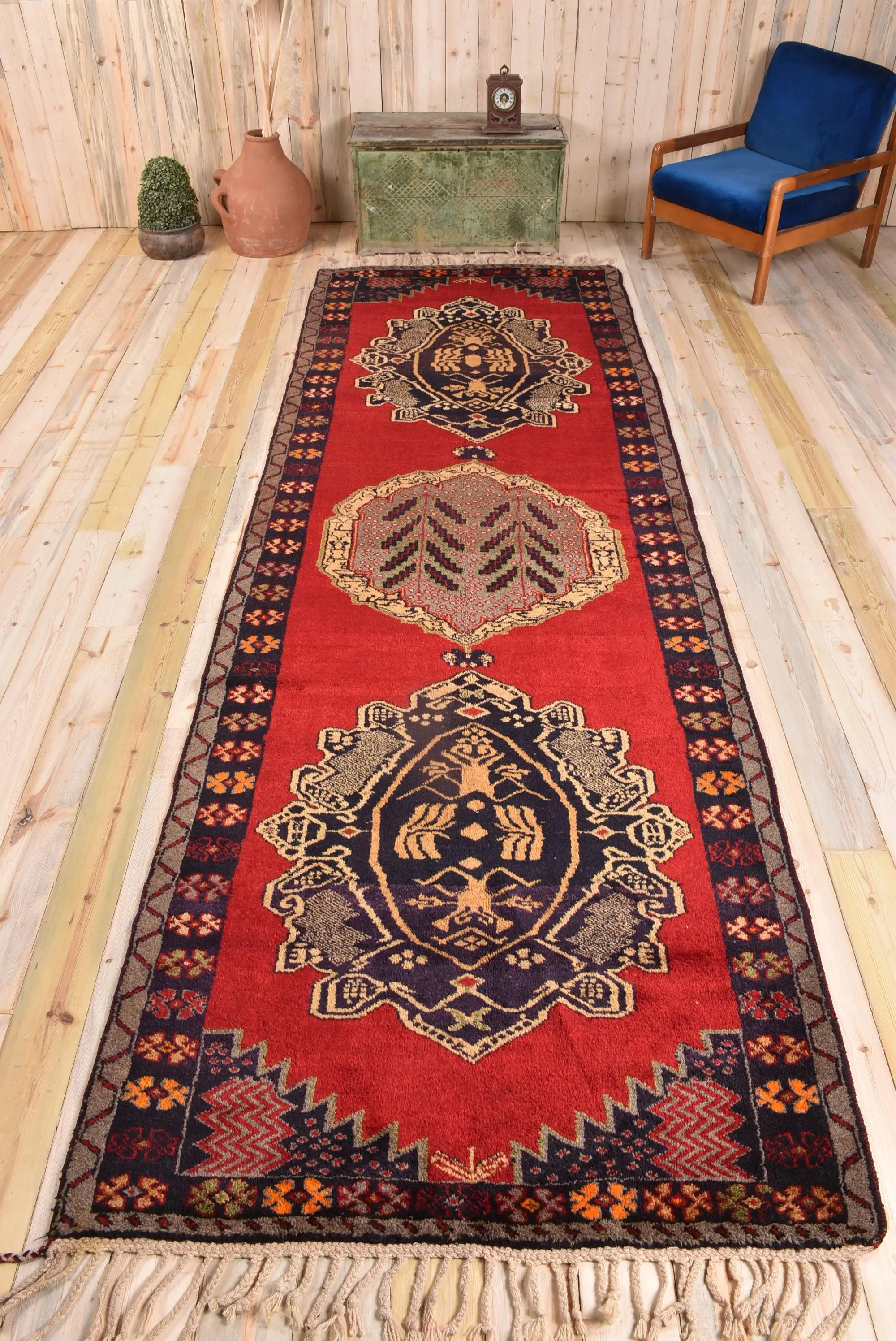 Vintage Runner Rug 4.3x13.1 ft, Red Black Patchwork Rug Wool - 1