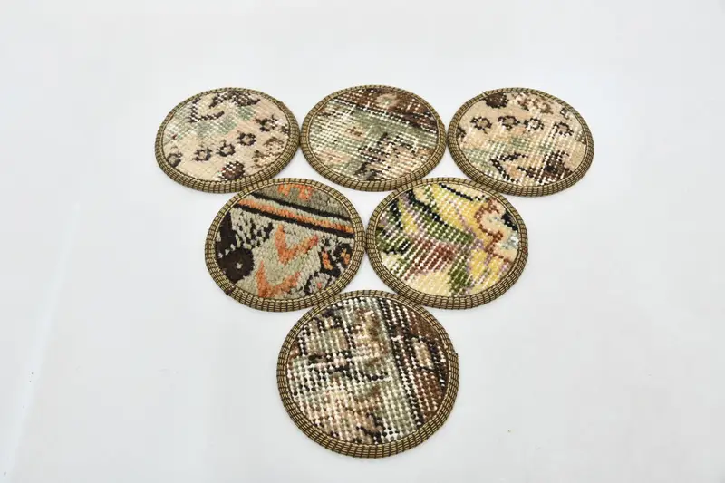 Bohemian Round Coasters, Beige and Brown Set of Six Coasters