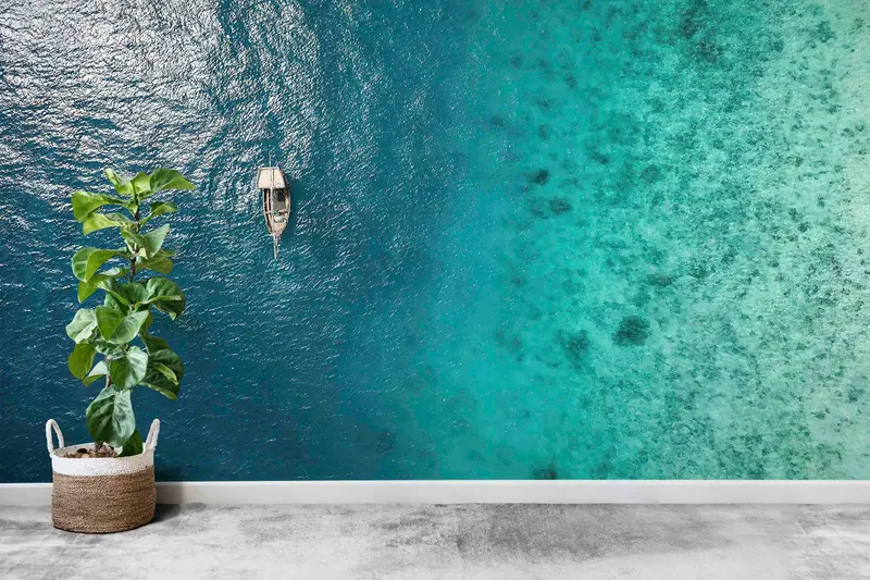 Zarif Dekor için Baskılı Okyanus Mavisi Deniz Manzarası Duvar Kağıdı