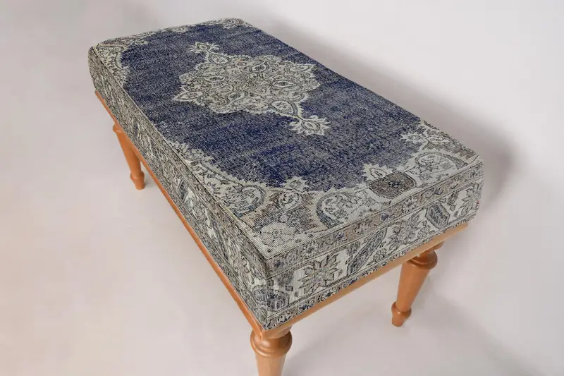 Modular Kilim-Inspired Ottoman, Blue & Beige Wool Blend Sofa Set