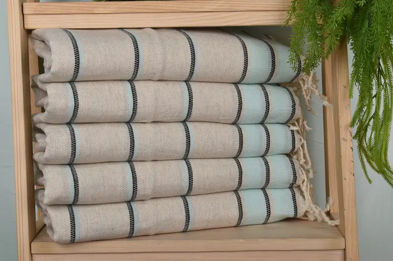 Monogram Hand Towel Mint Linen Striped, 20x40 Inches