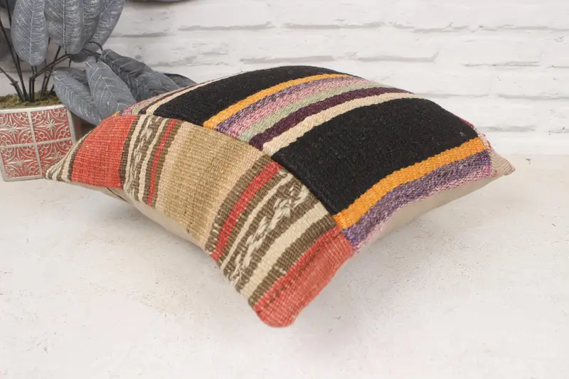 Handmade Kilim Cushion, 16x16 Black Cushion Cover, Rustic Pillow Cover, Pillow Sham, Ethnical Kilim Rug Pillow, Throw Kilim Pillow - 6