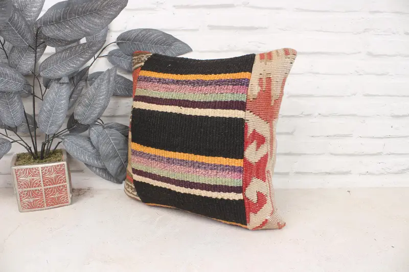 Handmade Kilim Cushion, 16x16 Black Cushion Cover, Rustic Pillow Cover, Pillow Sham, Ethnical Kilim Rug Pillow, Throw Kilim Pillow - 4