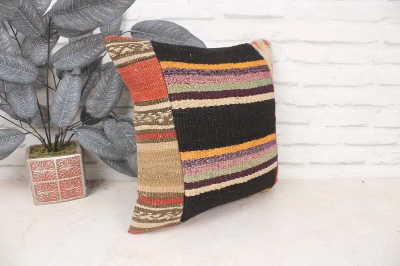 Handmade Kilim Cushion, 16x16 Black Cushion Cover, Rustic Pillow Cover, Pillow Sham, Ethnical Kilim Rug Pillow, Throw Kilim Pillow - 3