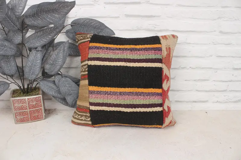 Handmade Kilim Cushion, 16x16 Black Cushion Cover, Rustic Pillow Cover, Pillow Sham, Ethnical Kilim Rug Pillow, Throw Kilim Pillow - 1