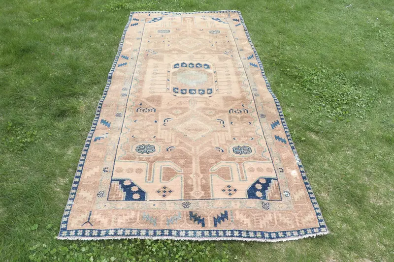 Kahverengi, Mavi Puantiyeli Halı, 3,9x8,8 ft Şık Dekor