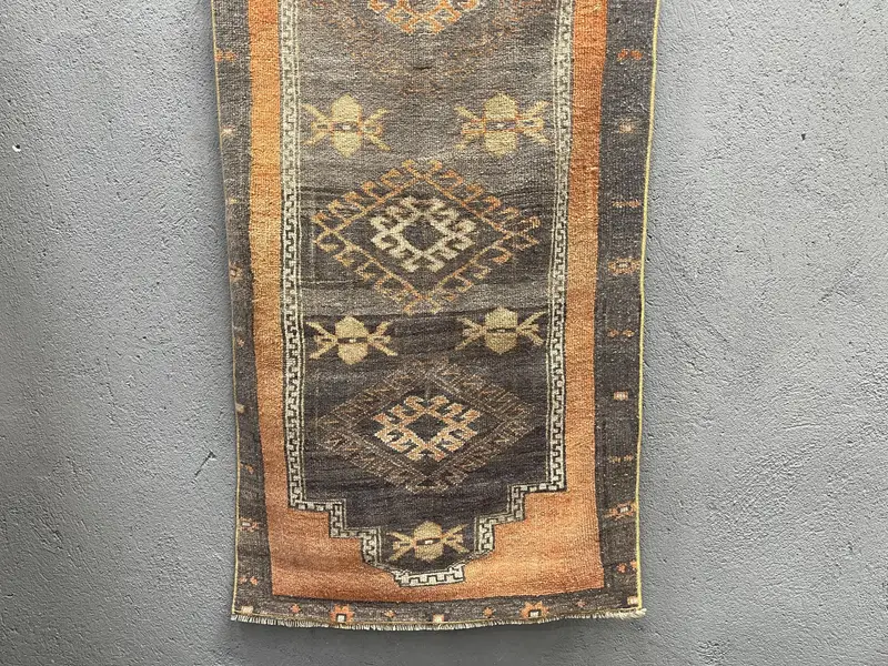 Turkish Vintage Rug 2.6x5.2 ft (80x160 cm), Oushak Brown Floral Rug - 1