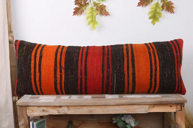 Kilim Pillow Cover, 12x36 Orange Cushion Cover, Yoga Cushion Cover, Pillow Cover, Throw Kilim Pillow, Pillow for Sofa - 2