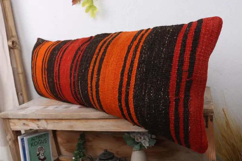 Kilim Pillow Cover, 12x36 Orange Cushion Cover, Yoga Cushion Cover, Pillow Cover, Throw Kilim Pillow, Pillow for Sofa - 4