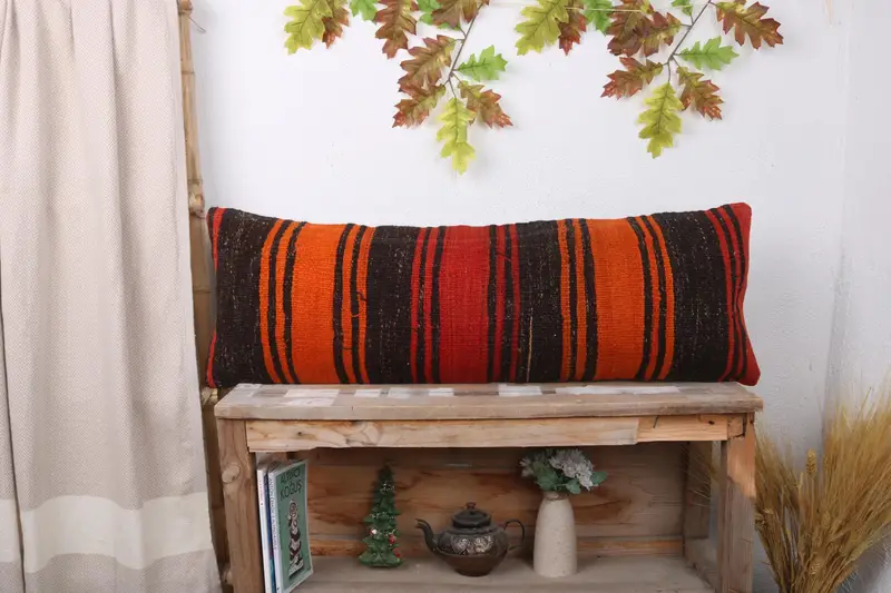 Kilim Pillow Cover, 12x36 Orange Cushion Cover, Yoga Cushion Cover, Pillow Cover, Throw Kilim Pillow, Pillow for Sofa - 1