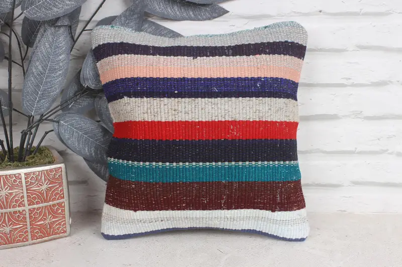 12x12 Blue Cushion, Kilim Pillow Cover, Pillow Cover, Sofa Cushion Case, Authentic Cushion, Pillow for Couch, Ethnical Kilim Rug Pillow - 1