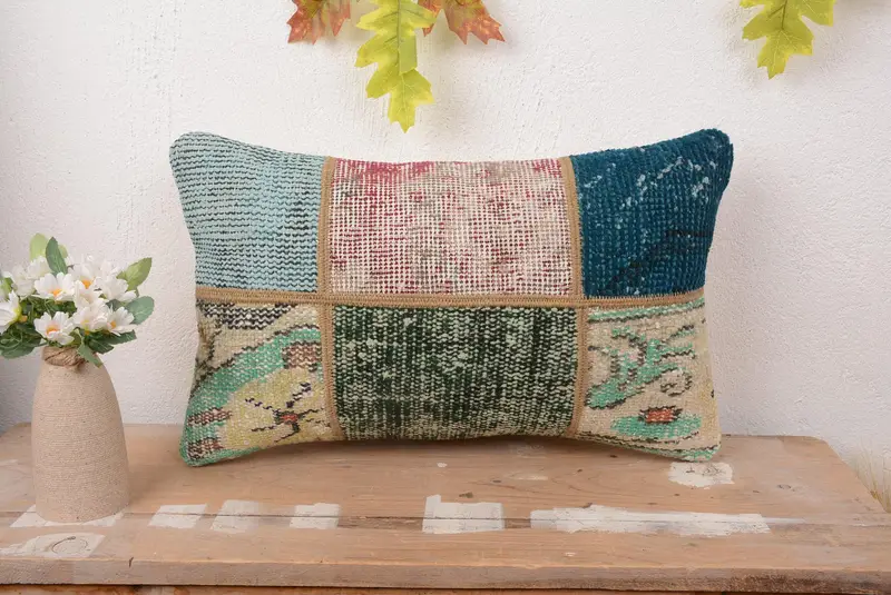 Blaues und grünes Patchwork-Wurfkissen, 12x20 handgemachtes Kissen