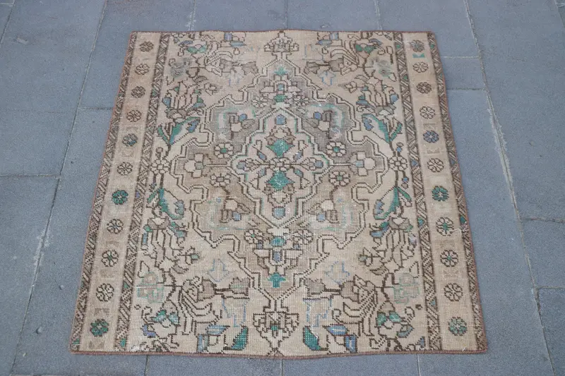 3,2x3,2 ft Vintage Teppich, türkischer kleiner Teppich, braun blauer Ombré Wollteppich - 1