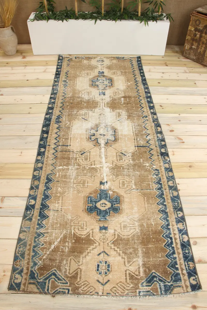 Handmade Brown & Blue Animal Print Rug, 0.3x8.2 ft