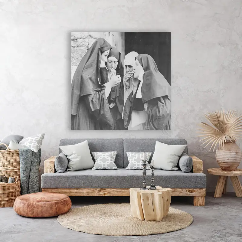 Elegant Printed Glass: Nuns, Cigarette, Smoking Woman Theme