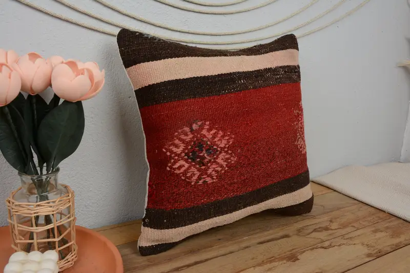 16x16 Red Pillow Cover, Handwoven Cushion, Vintage Pillow, Interior Designer Pillow, Boho Pillow, Rustic Pillow Case, Pillow Case - 1