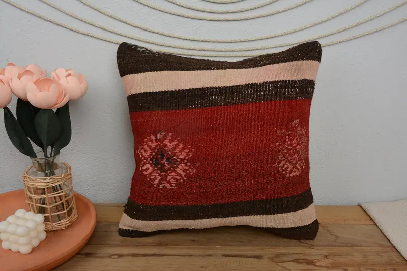 16x16 Red Pillow Cover, Handwoven Cushion, Vintage Pillow, Interior Designer Pillow, Boho Pillow, Rustic Pillow Case, Pillow Case - 2