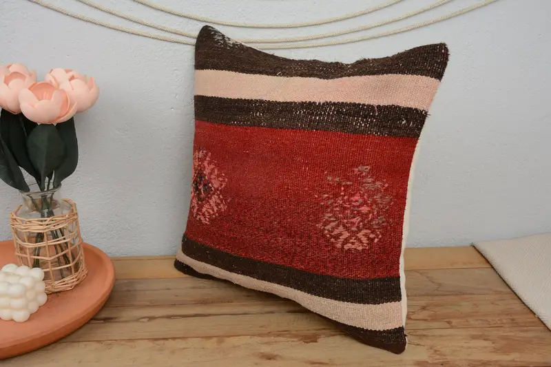 16x16 Red Pillow Cover, Handwoven Cushion, Vintage Pillow, Interior Designer Pillow, Boho Pillow, Rustic Pillow Case, Pillow Case - 4