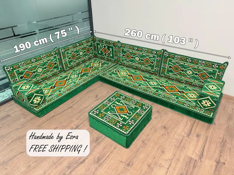 Green Southwestern Ottoman Set,Modular Kilim-Inspired Floor Seating