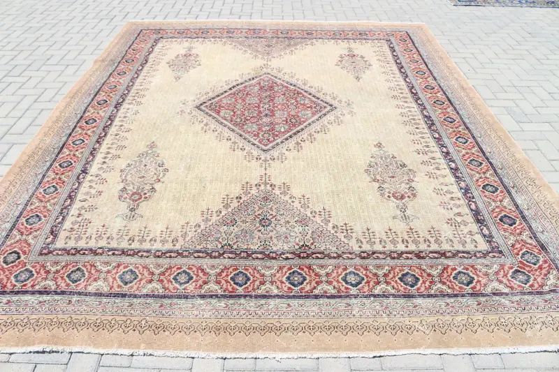 Türk Vintage Halı, 9.1x11.2 ft Büyük Boy Halı, Kırmızı Mavi Bitkiler ve ağaçlar Halı - 1
