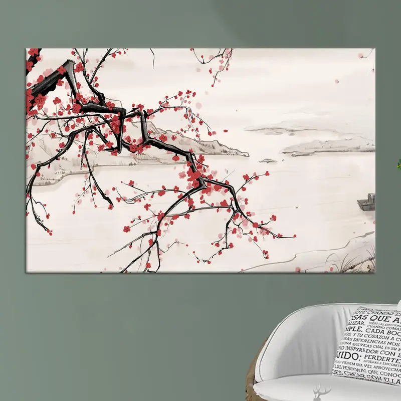 Eleganter japanischer Landschaftsbaum-Blumen-Leinwanddruck
