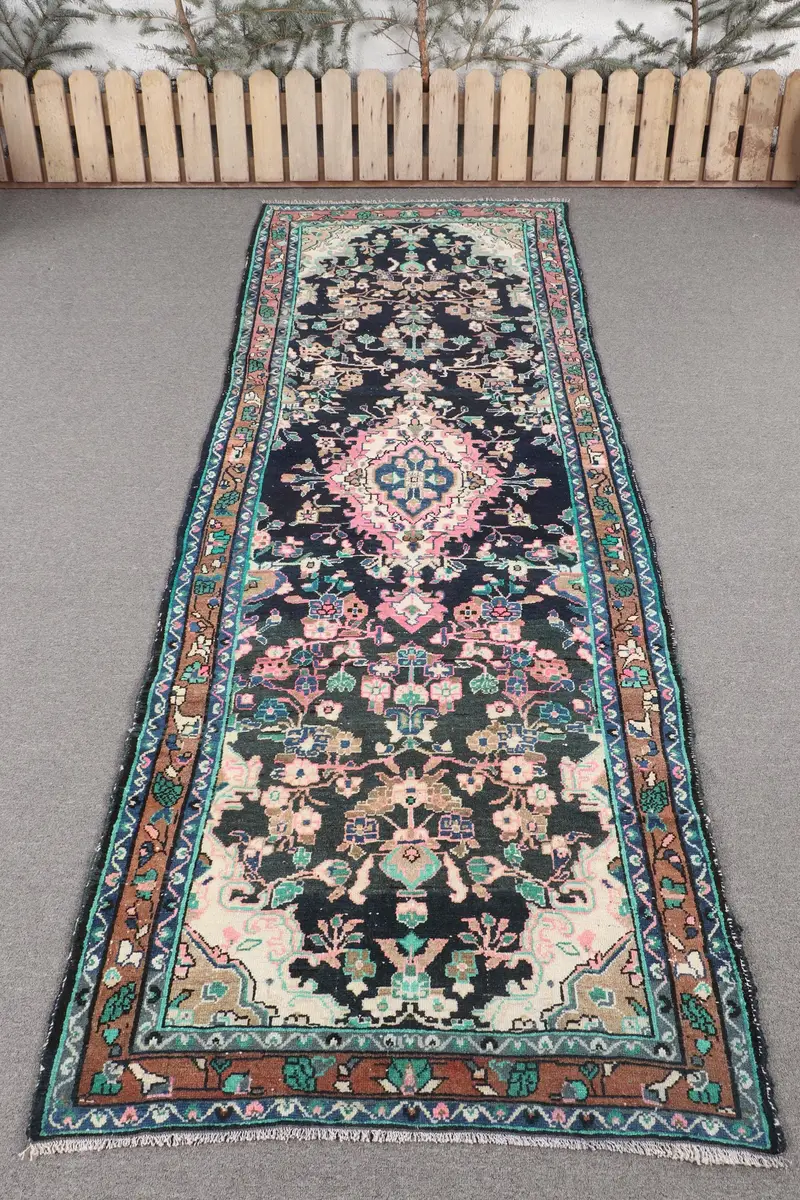 Alfombra vintage turca, alfombra Oushak de 3,1x8,6 pies, alfombra de lana oriental azul - 1